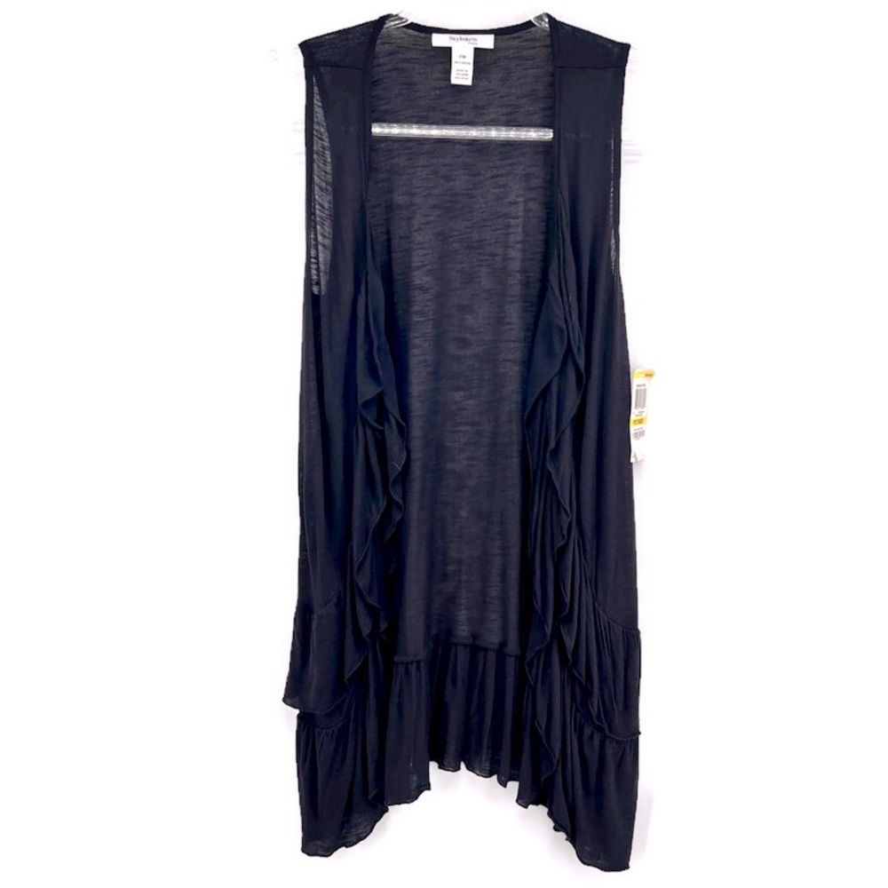 Style & Co Petite Sleeveless Open Front Duster Cardigan Ruffled Trim Black MP